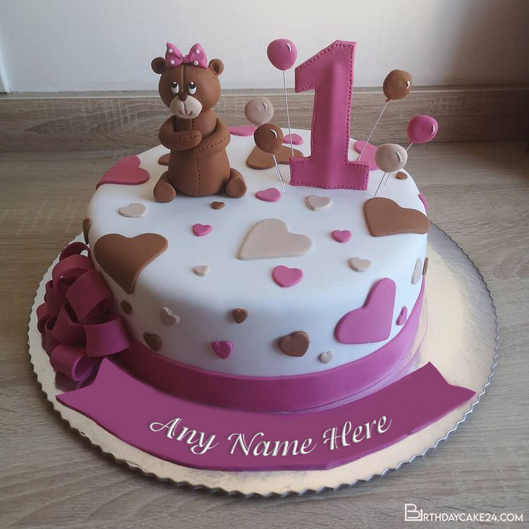 Lovely Bear 1 Year Old Birthday Cake With Name Editing For Baby Girl - 1st Bear BirthDay Cake For Girl With Name 7641c
