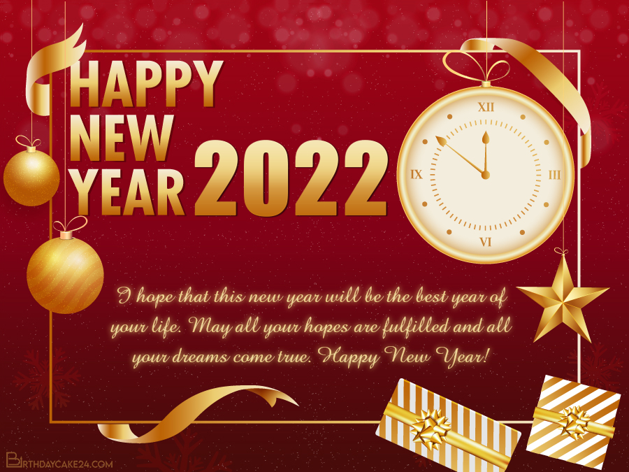 Happy New Year 2022 With Clock Greeting Cards Online