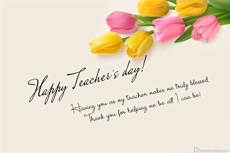 Happy Teacher's Day Cards With Bouquet Pink Yellow Tulips