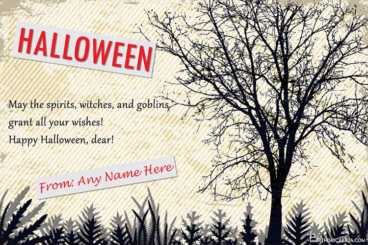Halloween Greeting Card With Scary Tree With Name Editor