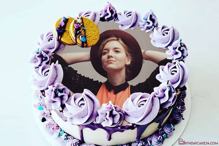 Creative Happy Purple Flower Birthday Cake With Photo Generator