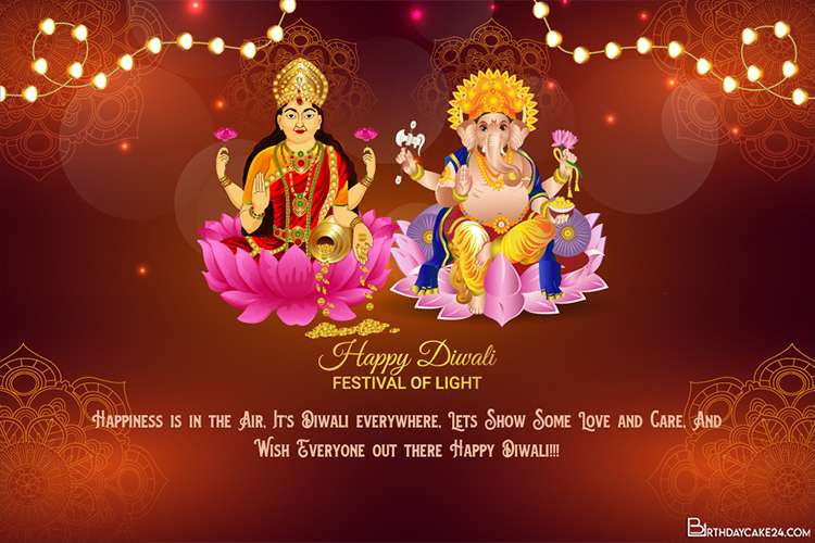 Happy Diwali Greeting Card With Lord Ganesha And Goddess Lakshami