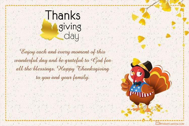 Thanksgiving Wishes Card Template With Turkey And Golden Autumn Leaves