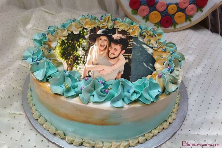 Wish You A Very Happy Birthday Blue Cake With Photo