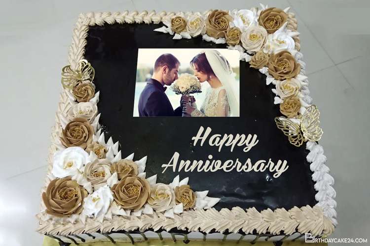 Romantic Chocolate Anniversary Wishes Cake With Photo Frames