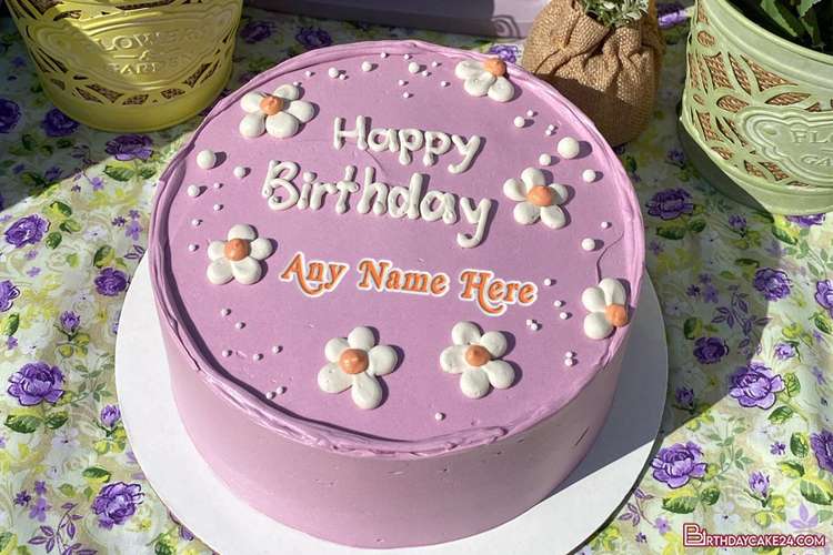 Lovely Purple Flower Birthday Wishes Cake With Name On It