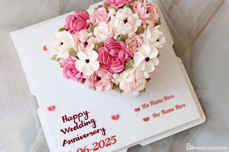 Heart Flowers Anniversary Wedding Cake With Name And Date