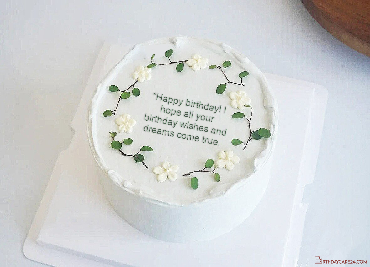 Write Name or Wishes on Green Leaf Border Birthday Cake Online