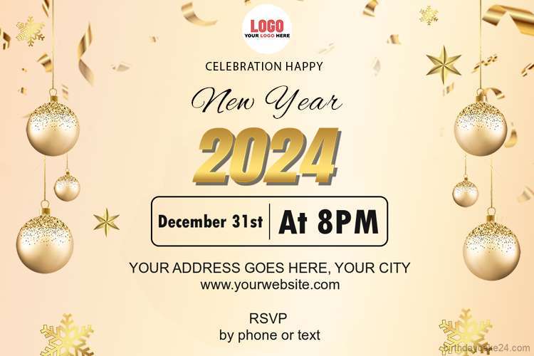 Create New Year 2024 Invitation Card With Golden Ball