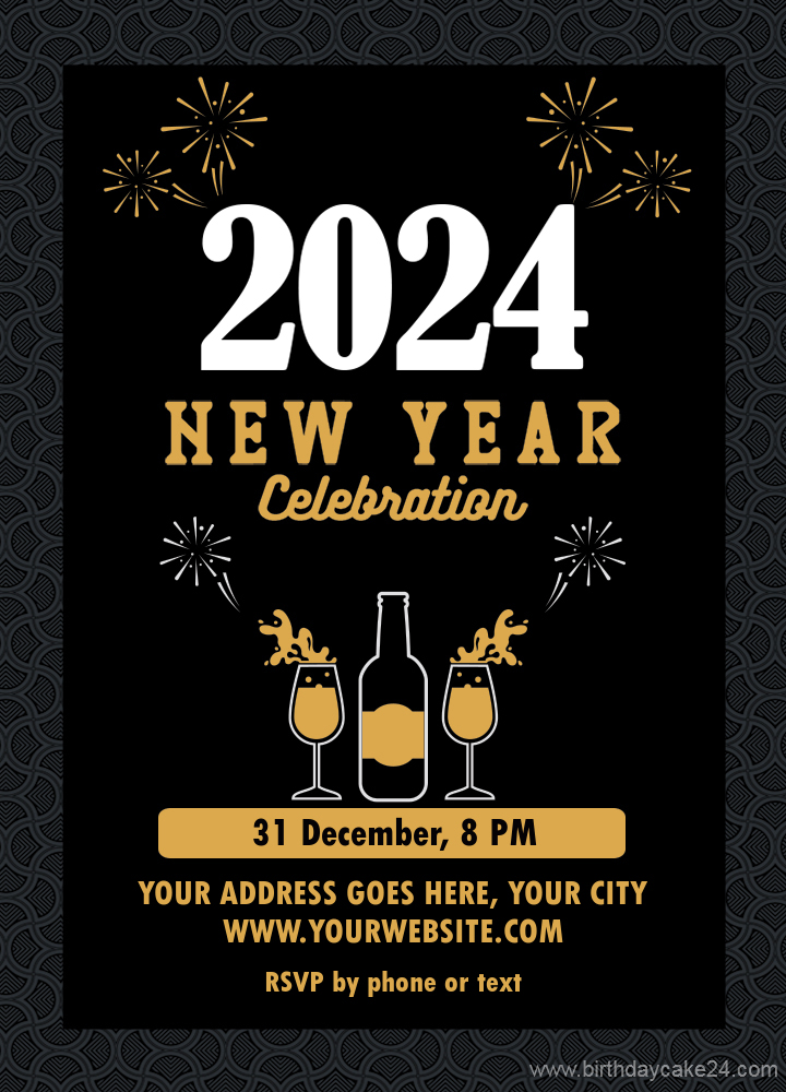 Happy New Year 2024 Invitation Card With Champagne