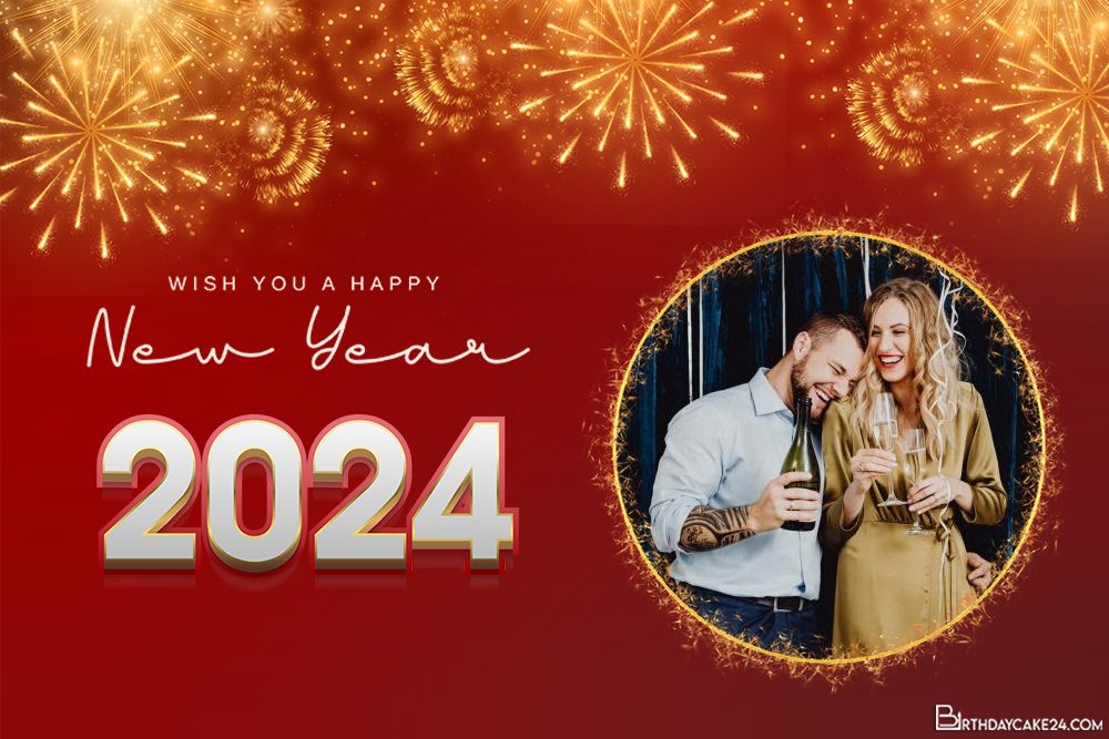 Happy New Year 2024 Photo Frame Sparkling Fireworks With Red Background 172ae 