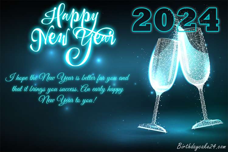 Happy New Year 2024 Greeting Card Champagne Glass