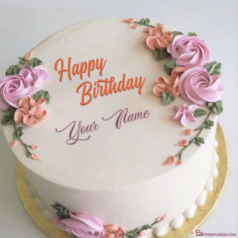 Personalize Name on Flower Birthday Wishes Cake Images