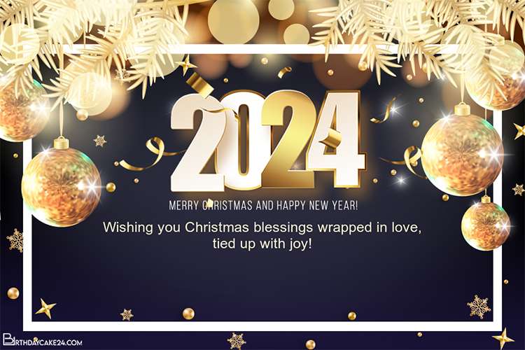 Shiny Gold Merry Christmas And Happy New Year 2024 Greeting Cards