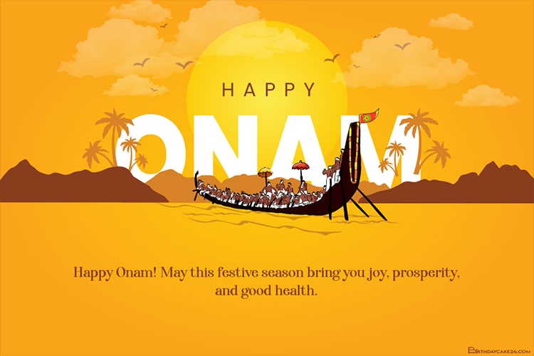 Onam Greeting Card with Traditional Boat Race Illustration