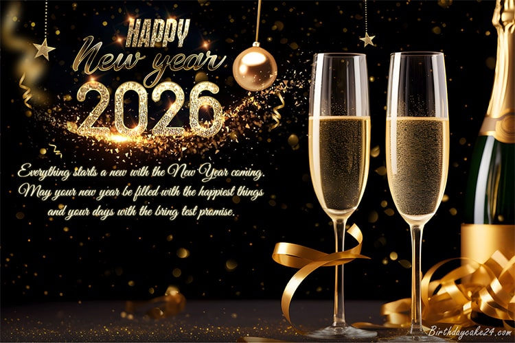 Happy New Year 2026 Greeting Card Champagne Glass