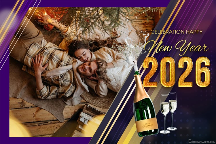 Luxury Happy New Year 2026 Photo Frame With Champagne