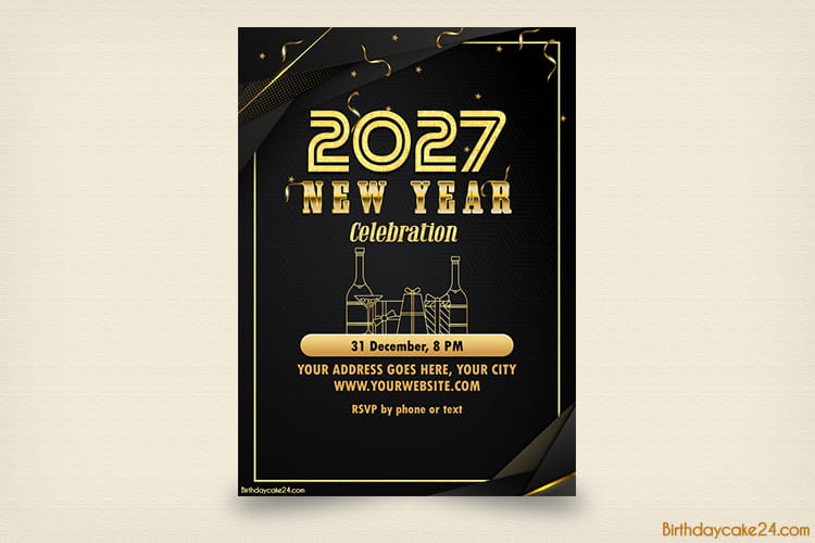 Happy New Year 2027 Invitation Card With Champagne