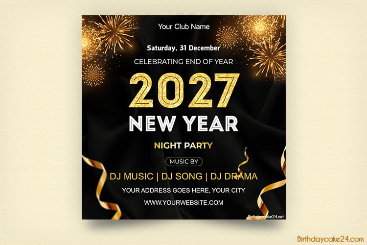 Black Gold New Year 2027 Party Invitation Card With Fireworks