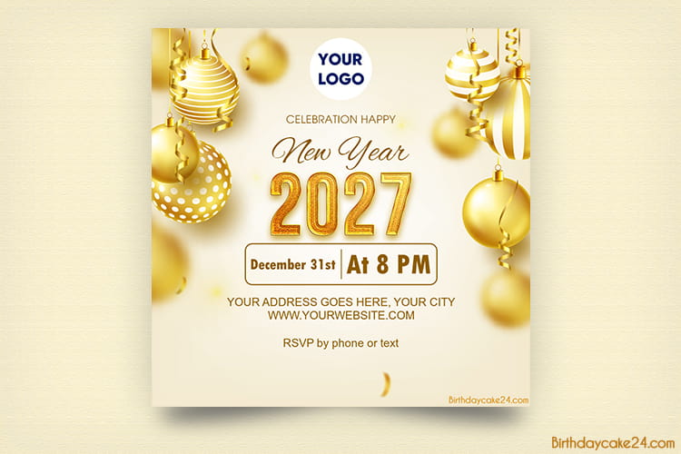 Create New Year 2027 Invitation Card With Golden Ball