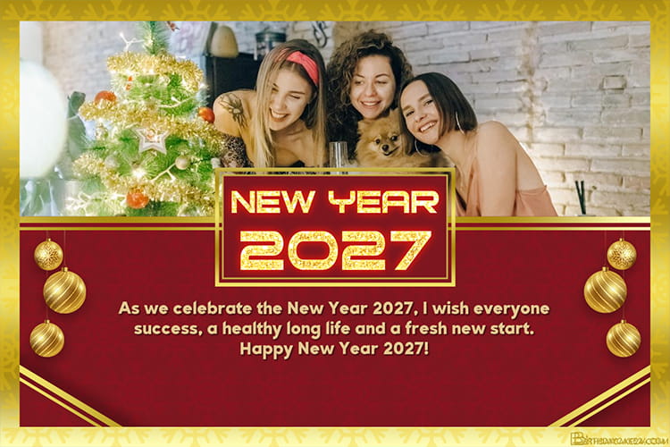 Free 2027 New Year Greeting Card With Golden Fireworks And Photo