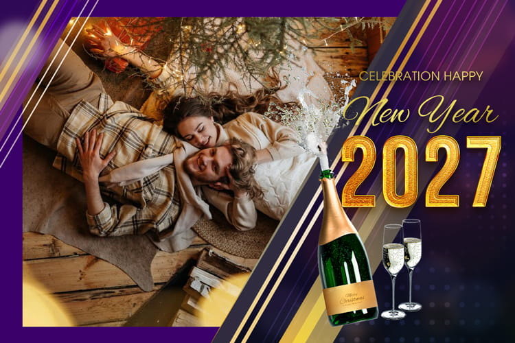 Luxury Happy New Year 2027 Photo Frame With Champagne